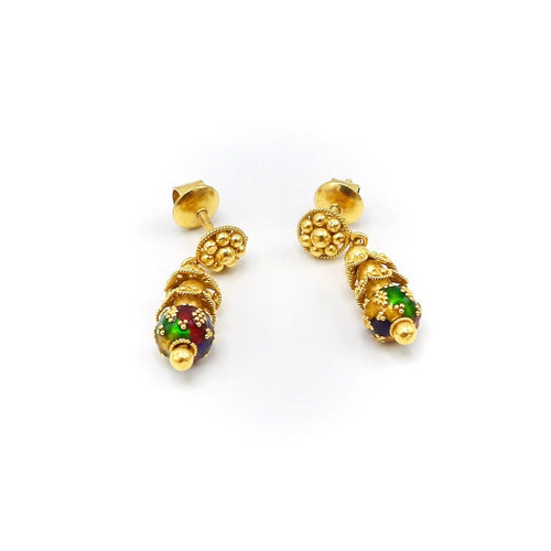 Boucles d'oreilles Cannetille indienne - Boucles d’oreilles pendantes en or jaune 22K émaillé 58 Facettes