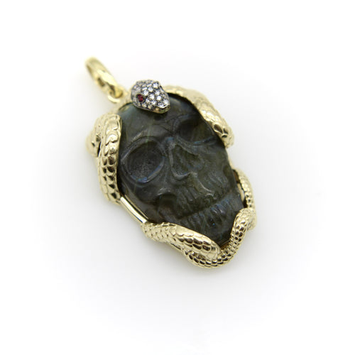 Pendentif Pendentif - Serpent entrelacé en or 14K, crâne en labradorite, diamants et rubis 58 Facettes A10038