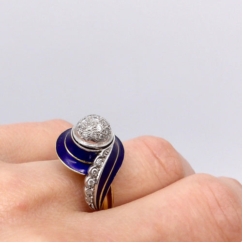 Bague 52.5 Art déco - Bague en or blanc et or jaune 18K émail bleu et diamants 58 Facettes