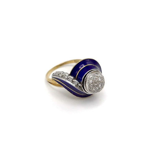 Bague 52.5 Art déco - Bague en or blanc et or jaune 18K émail bleu et diamants 58 Facettes