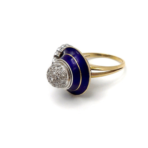 Bague 52.5 Art déco - Bague en or blanc et or jaune 18K émail bleu et diamants 58 Facettes