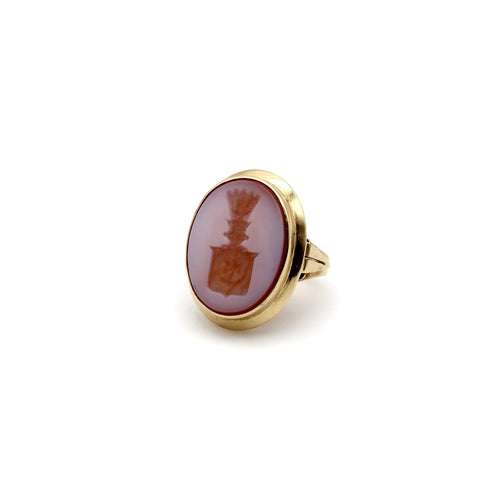 Bague 56 Bague chevalière victorienne en or 14K et agate rubanée, intaille 58 Facettes