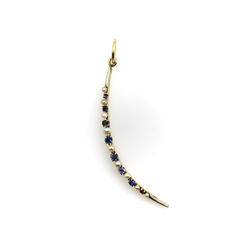 Pendentif Époque victorienne - Pendentif croissant de lune en or jaune 14 carats, saphirs et perles 58 Facettes