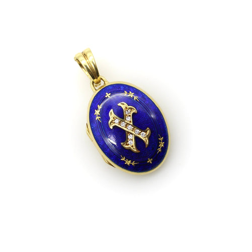 Pendentif Fabergé - Pendentif médaillon en or 18k, diamants et émail guilloché 58 Facettes