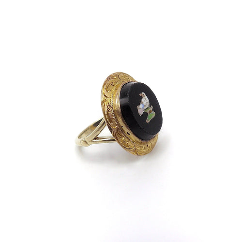 Bague 50 Bague micro-mosaïque oiseau en or 14 carats et onyx 58 Facettes