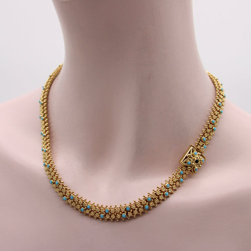 Collier Collier vintage cannetille portugais style Renaissance étrusque en or 19,2K et turquoises 58 Facettes