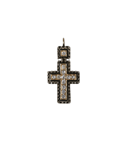 Pendentif Croix ancienne - Pendentif en or jaune 18 ct, argent, diamants et émail noir 58 Facettes