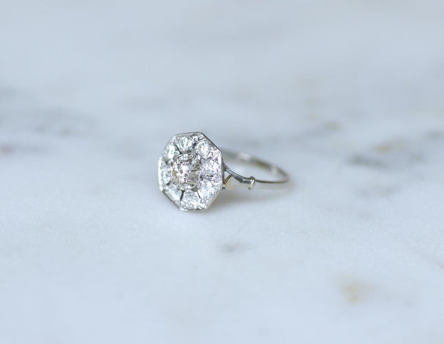 Bague 52.5 Bague Art déco octogonale en or blanc et platine, diamants 0,50 ct 58 Facettes
