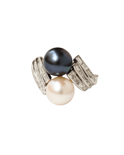 Bague 52 Bague Toi et Moi en platine, perles et diamants baguette 58 Facettes A12039