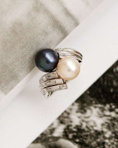 Bague 52 Bague toi et moi en platine avec perles et diamants baguette 58 Facettes A12039
