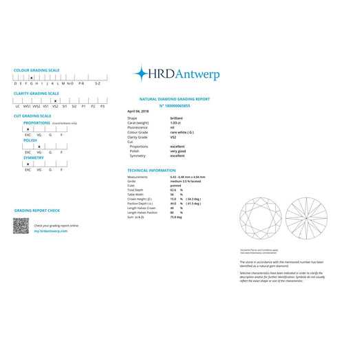 HRD - Diamant naturel taille brillant 1,03 ct G VS2 58 Facettes UKD360731LF