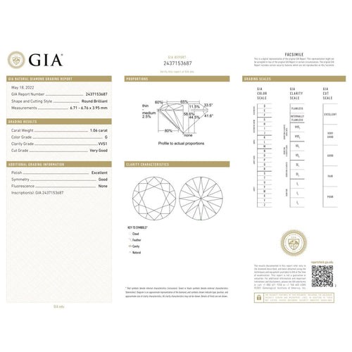 GIA - Diamant naturel taille brillant 1,06 ct G VVS1 58 Facettes UKD360735LF
