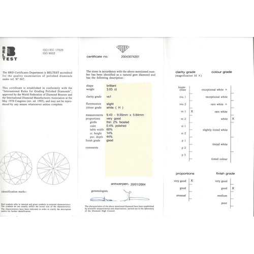 Diamant naturel - Pierre taille brillant 3,03 ct H VS1 (HRD) 58 Facettes UKD360832LF