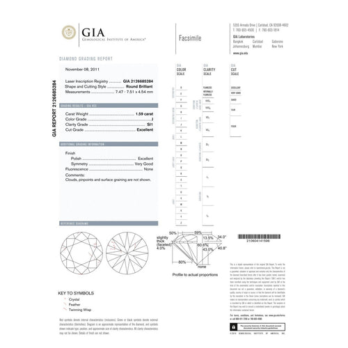 GIA - Diamant naturel taille brillant 1,59 ct J SI1 58 Facettes UKD360834LF