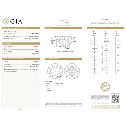 GIA - Diamant taille brillant 1,30 ct D VS1 58 Facettes UKD360842LF