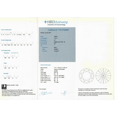 HRD - Diamant naturel taille brillant 1,51 ct I VS1 58 Facettes UKD360846LF
