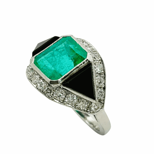 Bague 52 Bague Art déco en platine avec émeraude, onyx et diamants 58 Facettes 50306