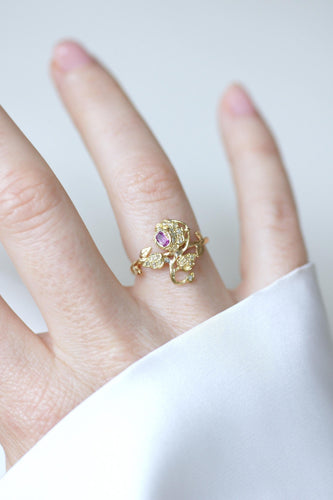 Bague 52.5 Bague ancienne rose en or jaune 18 ct rubis et diamants 58 Facettes