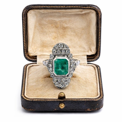 Bague 56 Art déco - Bague émeraude et diamants en or blanc 18k 58 Facettes 50430