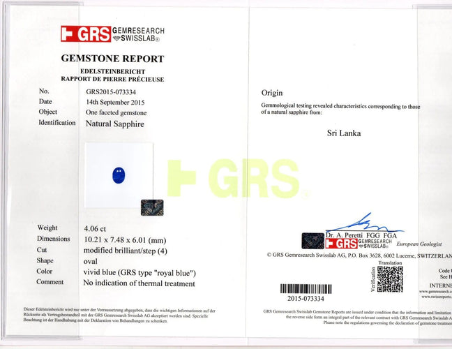Gemstone Saphir bleu de Ceylan - Pierre ovale non chauffée 4,06 ct 58 Facettes SAM-OV-SAPP-4.06