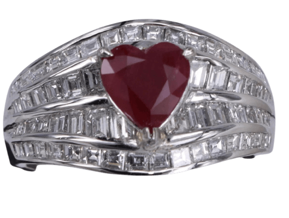 Bague 53 Bague cœur en or blanc avec rubis et diamants fantaisie 58 Facettes BA-1163