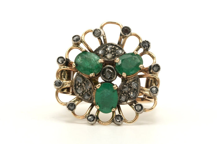 Bague 54 Art nouveau - Bague en or jaune émeraude et diamants taille rose 58 Facettes 23049