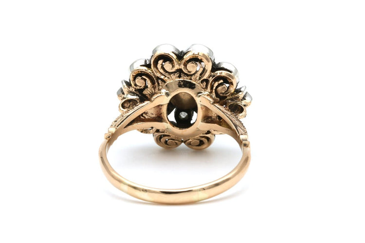 Bague 63 Bague Napoléon III en or jaune 18 carats, argent, perle et diamants taille rose 58 Facettes B496