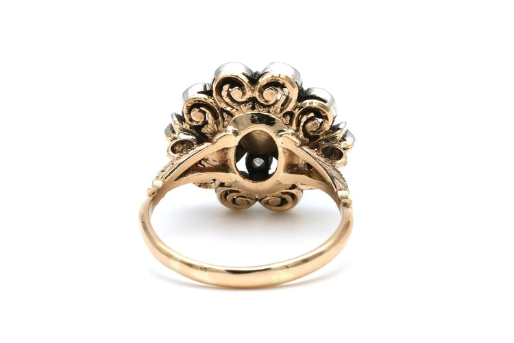 Bague 63 Bague Napoléon III en or jaune 18 carats, argent, perle et diamants taille rose 58 Facettes B496