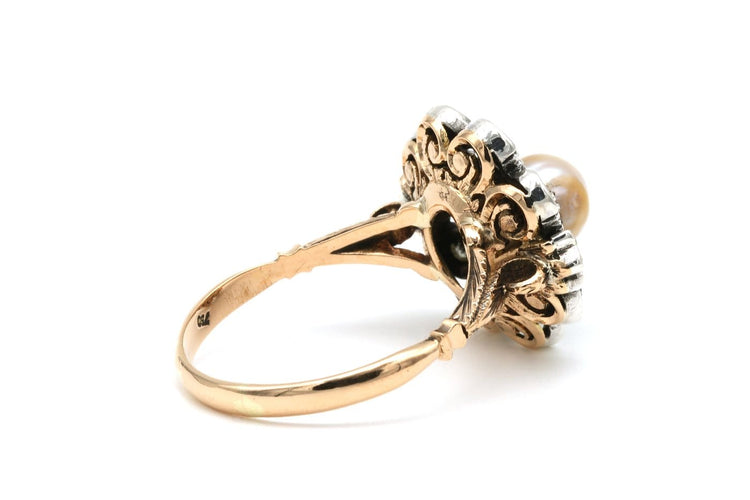Bague 63 Bague Napoléon III en or jaune 18 carats, argent, perle et diamants taille rose 58 Facettes B496