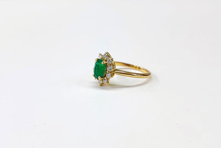 Bague 54 Bague marguerite en or jaune 18K avec émeraude et diamants 58 Facettes Bag.Margt.Arc-E-FA.54