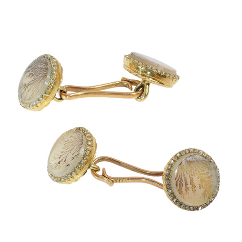 Boutons de manchette Boutons de manchette français victoriens ornés de paysages en agate mousse et de diamants taille rose 58 Facettes 26058-0095