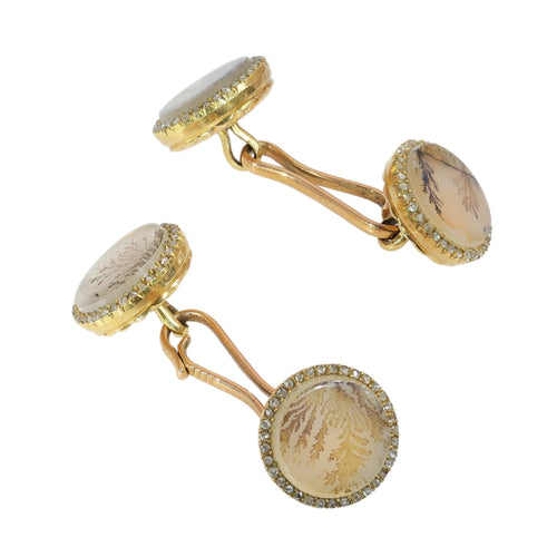 Boutons de manchette Boutons de manchette français victoriens ornés de paysages en agate mousse et de diamants taille rose 58 Facettes 26058-0095