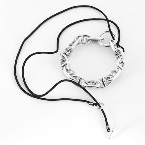 Pendentif Hermès - Chaîne d'ancre - Pendentif rond en argent et cordelière en coton noir 58 Facettes 58FC38