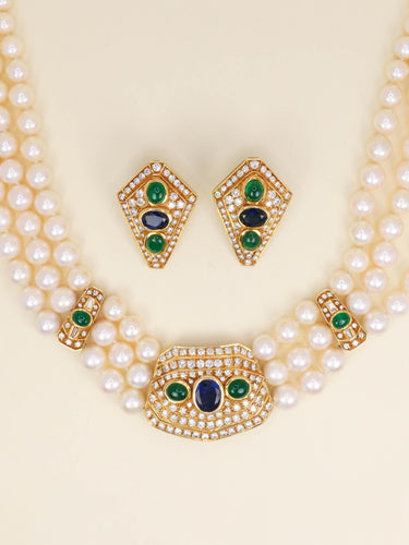 Boucles d'oreilles Parure REPOSSI collier de perles et clips saphirs émeraudes diamants 58 Facettes 1242.1