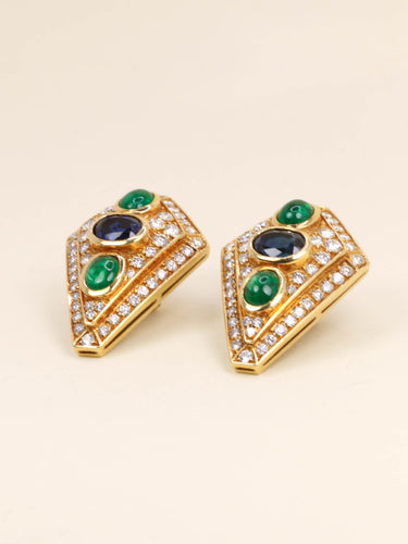 Boucles d'oreilles Parure REPOSSI collier de perles et clips saphirs émeraudes diamants 58 Facettes 1242.1