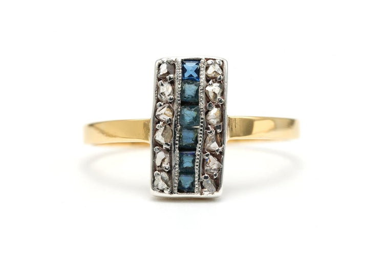 Bague 62 Bague Art déco en or jaune 18 carats et argent, diamants taille rose et saphirs 58 Facettes B815