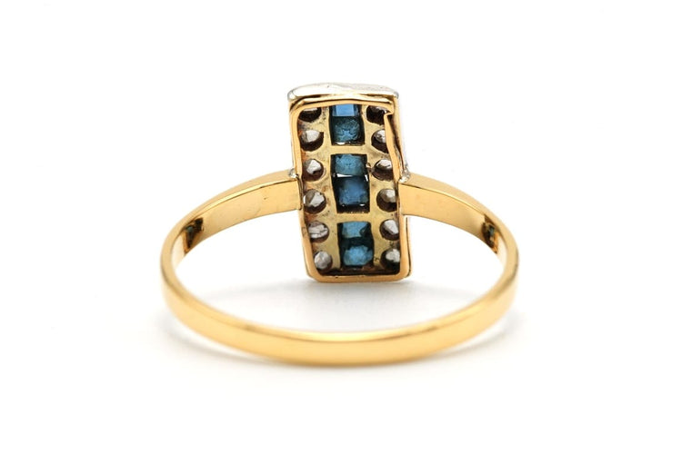 Bague 62 Bague Art déco en or jaune 18 carats et argent, diamants taille rose et saphirs 58 Facettes B815