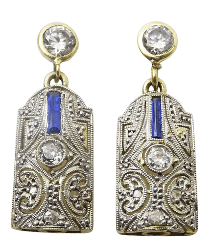 Boucles d'oreilles Art déco - Boucles d’oreilles en platine et or 14 carats, diamants et saphir 58 Facettes earrings 14