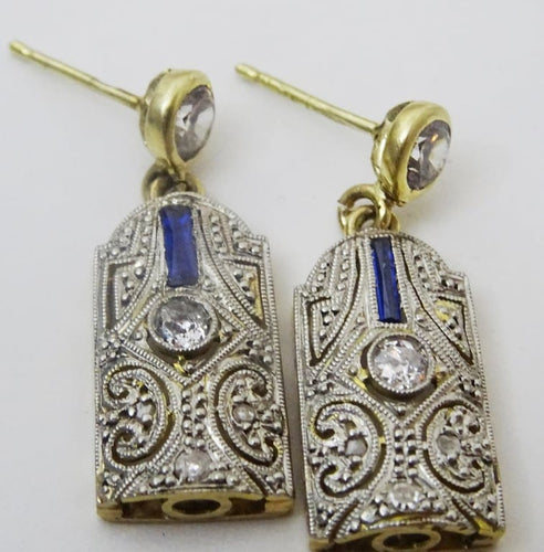 Boucles d'oreilles Art déco - Boucles d’oreilles en platine et or 14 carats, diamants et saphir 58 Facettes earrings 14