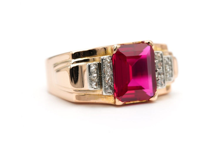 Bague 64 Bague Art déco en or jaune 18 carats, rubis synthétique et diamants 58 Facettes 22692