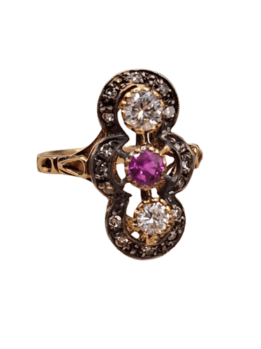 Bague 55 Bague trois pierres vintage en or jaune 18 ct, argent, rubis et diamants 58 Facettes CV-013