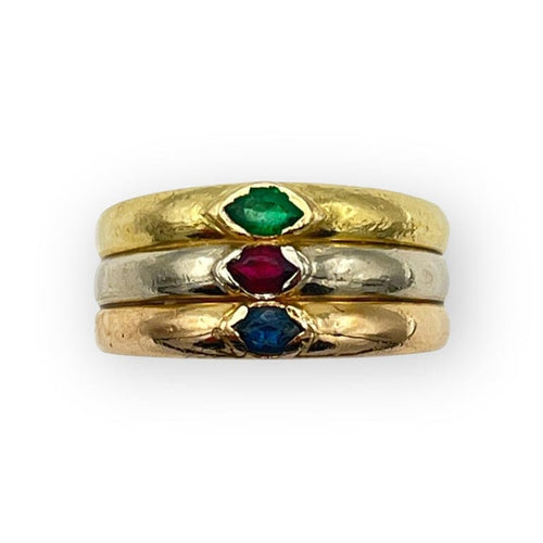 Bague 54 Bague triple anneau 3 ors 750 sertie émeraude, rubis et saphir 58 Facettes 149066374