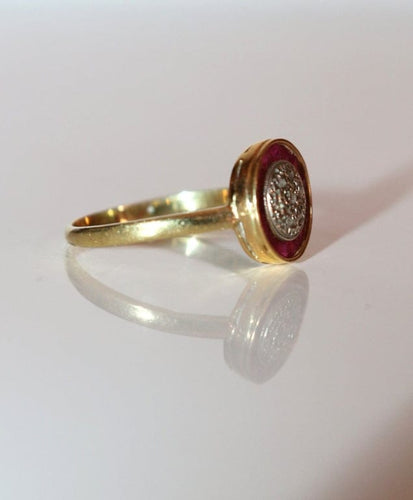 Bague 57.5 Bague Art déco ronde en or jaune 18 carats rubis synthétiques et diamants 58 Facettes 539