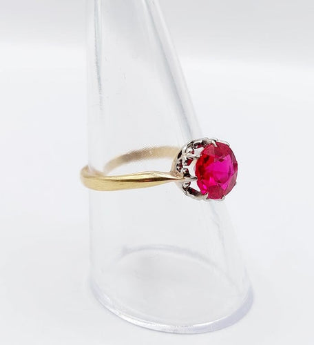 Bague 57 Bague solitaire Art déco en or 18k et platine, rubis synthétique 58 Facettes A06771