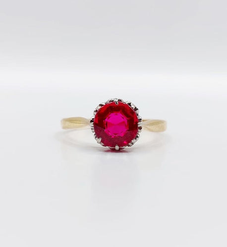 Bague 57 Bague solitaire Art déco en or 18k et platine, rubis synthétique 58 Facettes A06771