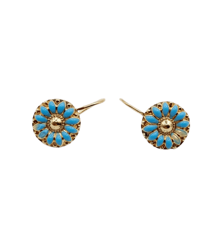 Boucles d'oreilles Dormeuses fleur antiques en or 18k et émail bleu turquoise 58 Facettes A06781