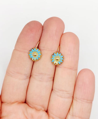 Boucles d'oreilles Dormeuses fleur antiques en or 18k et émail bleu turquoise 58 Facettes A06781