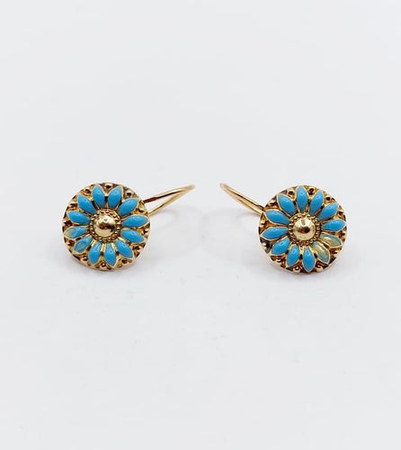 Boucles d'oreilles Dormeuses fleur antiques en or 18k et émail bleu turquoise 58 Facettes A06781