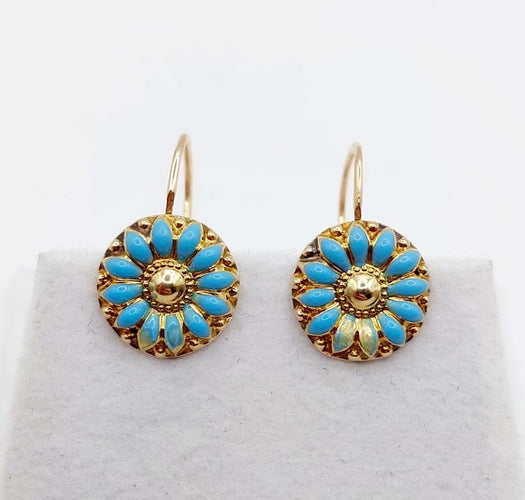 Boucles d'oreilles Dormeuses fleur antiques en or 18k et émail bleu turquoise 58 Facettes A06781