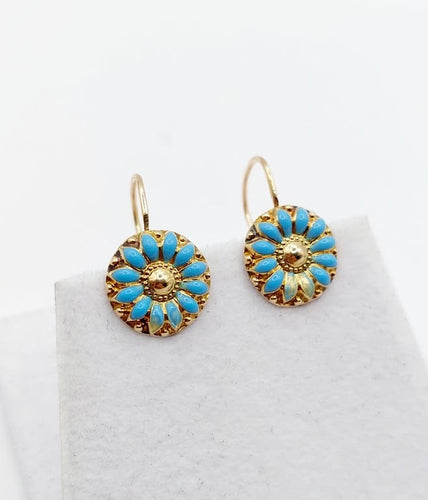 Boucles d'oreilles Dormeuses fleur antiques en or 18k et émail bleu turquoise 58 Facettes A06781